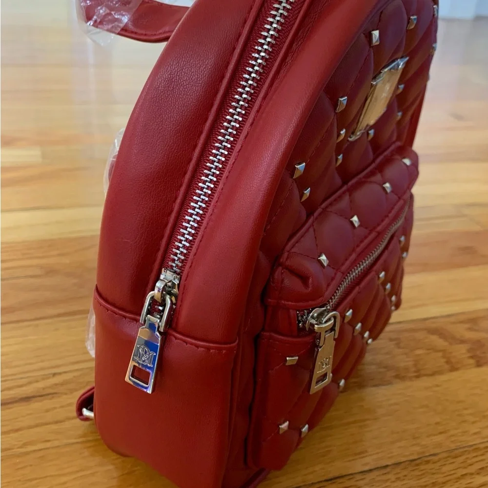 Badgley Mischka Vegan Leather Red Mini Studded Backpack NWT. - Picture 7 of 16